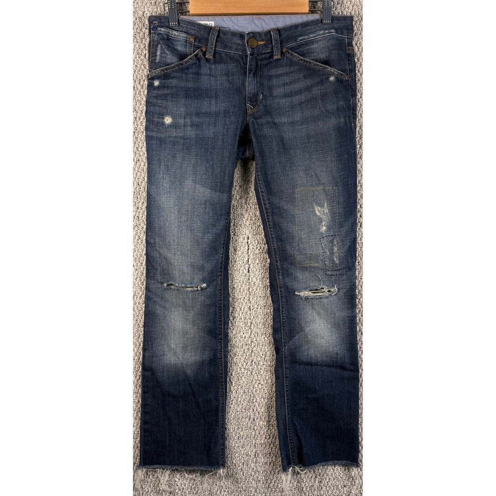Gap Easy Straight Jeans 26/2 Dark Blue Distressed Ripped Frayed Cinch Back Y2K